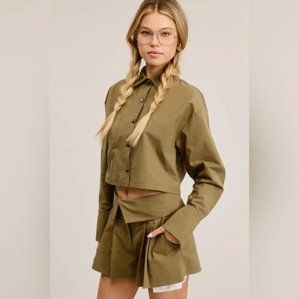 924. CHIC 2 PIECE SET BUTTON DOWN SHIRT WITH SKORT- OLIVE